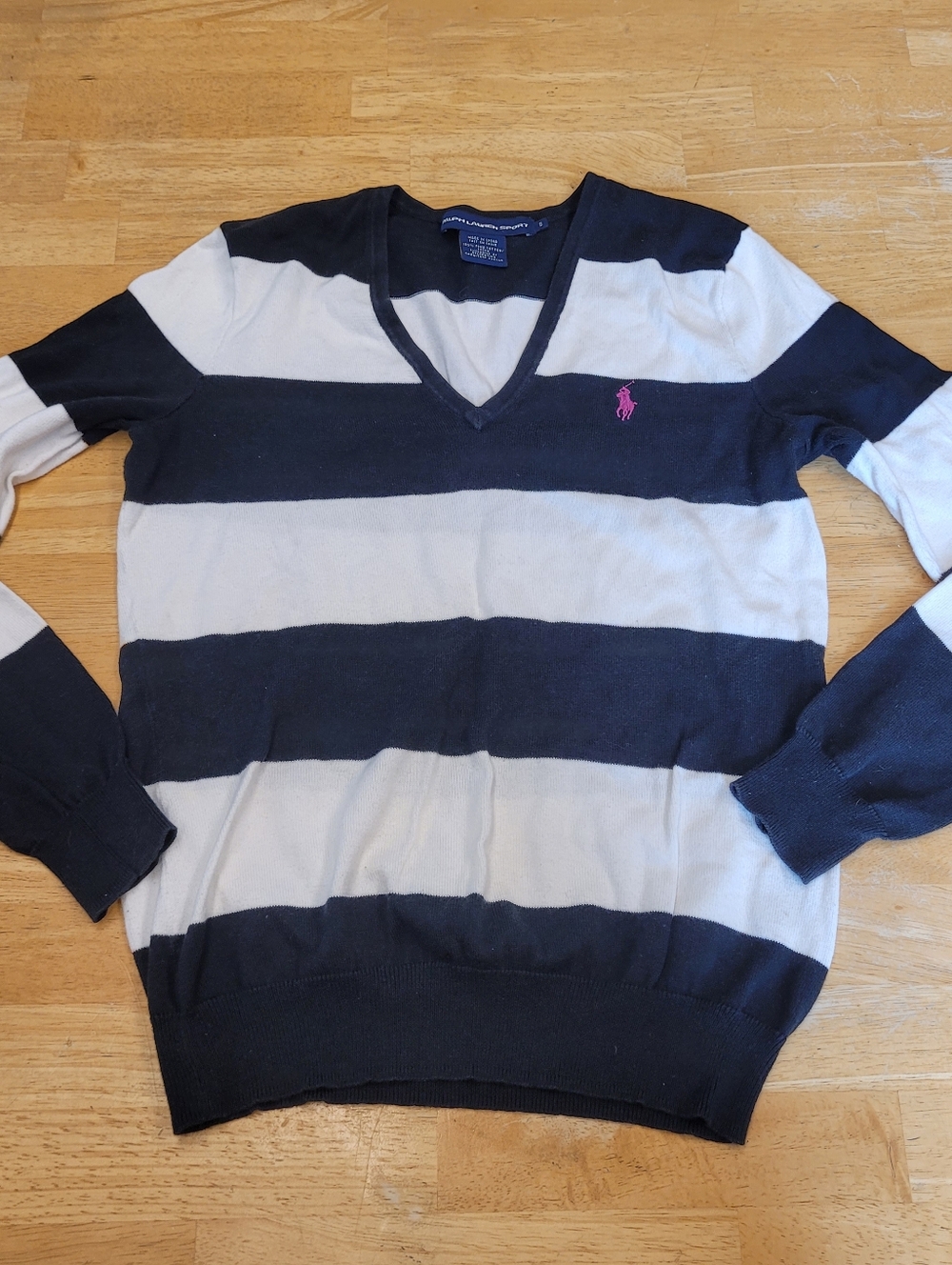 Ralph Lauren Sport Black White Striped Sweater Pink Pony Logo Small Vintage
